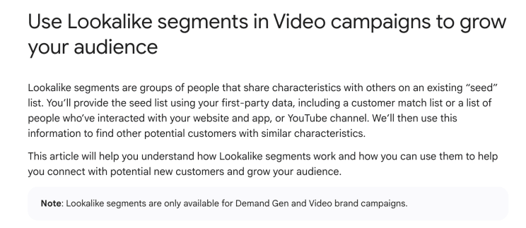 Lookalike segment documentation showing seed-list requirements for Video campaigns