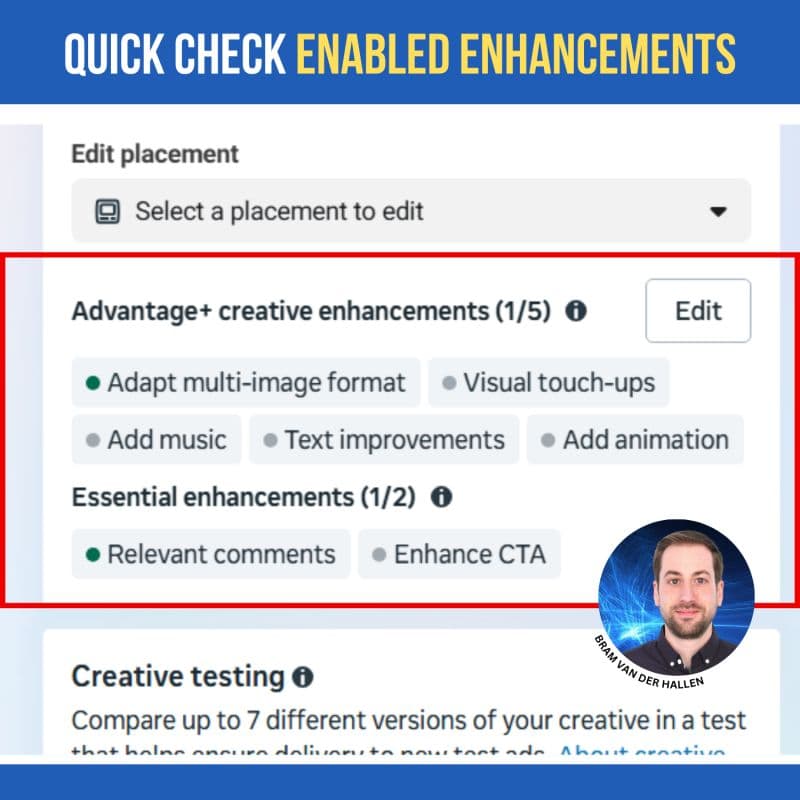 Meta creative-enhancement panel with green enabled-state dots beside Adapt multi-image format and Relevant comments.