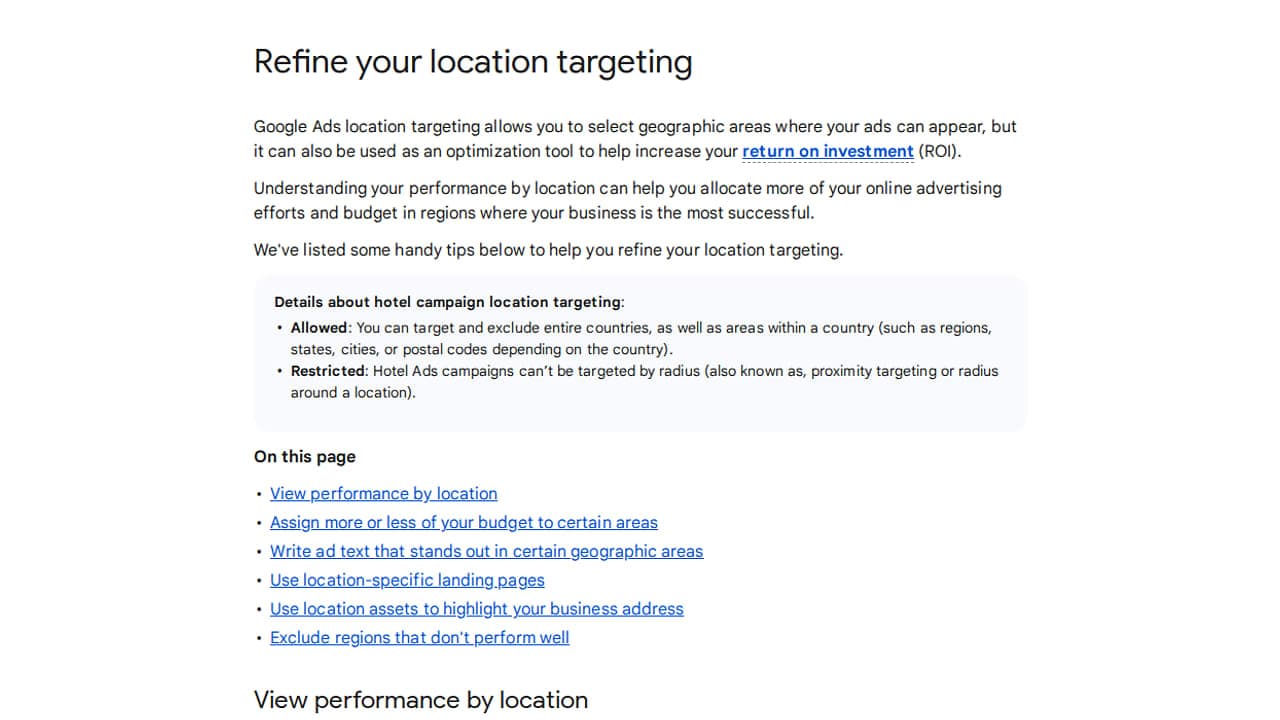 Google Hotel Ads documentation allowing regions, states, cities and postal codes while excluding radius targeting