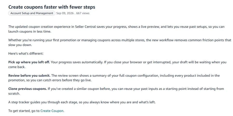 Seller News notice describing saved coupon drafts and the final review step.