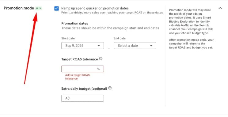Promotion Mode beta settings with promotion dates, ROAS tolerance and daily budget.