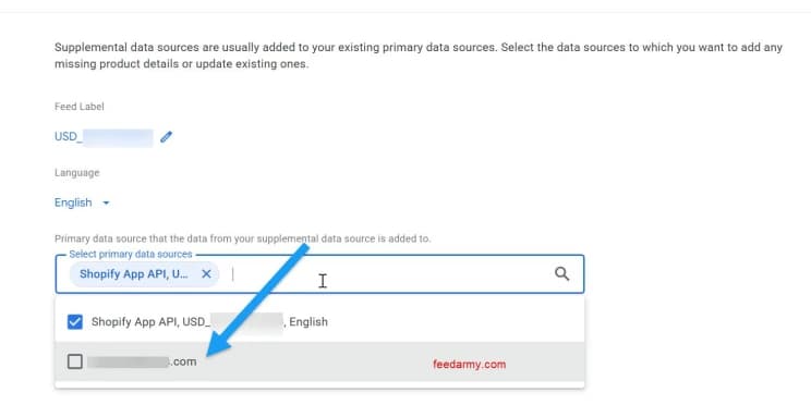 Merchant Centre automatic-import data source alongside supplemental-feed controls.