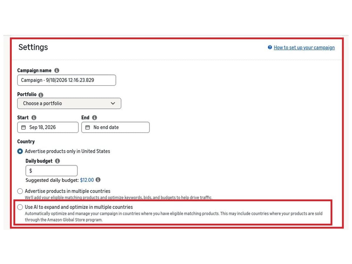 Amazon Ads setting to use AI to expand and optimise in multiple countries.