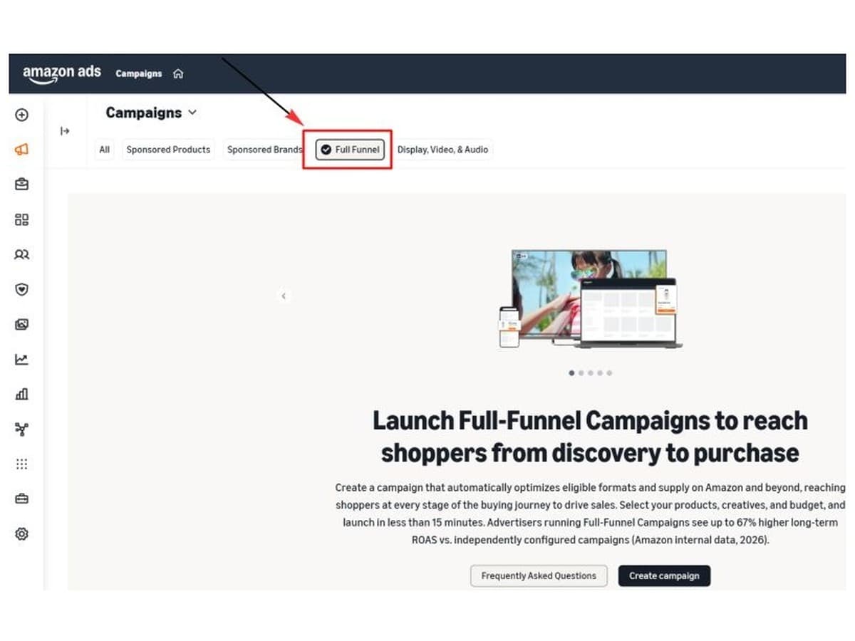 Amazon Ads Full Funnel tab and campaign creation screen.