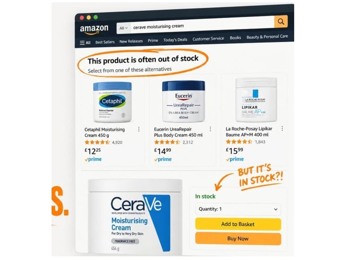 Amazon product page warning that an item is often out of stock, with alternatives.