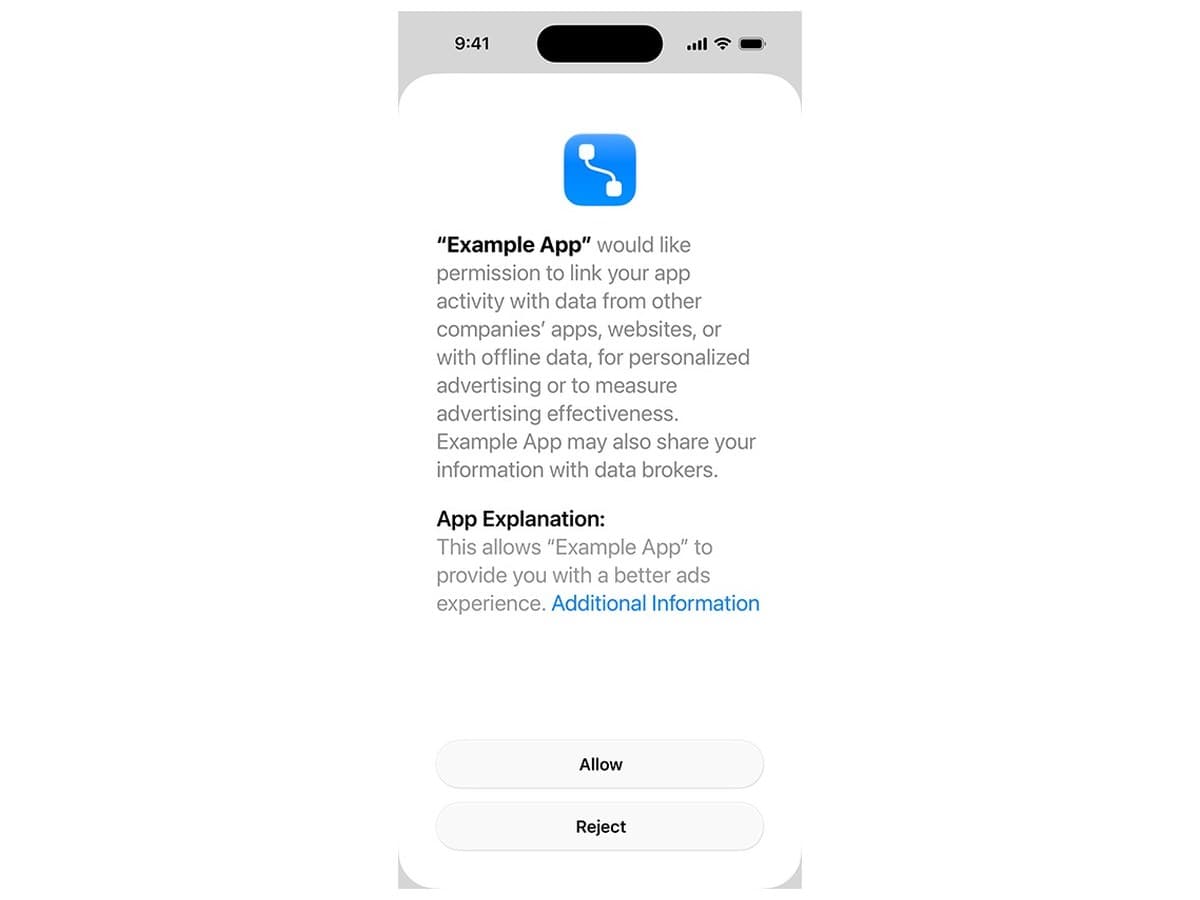 Apple example permission sheet with app explanation, Allow and Reject options.