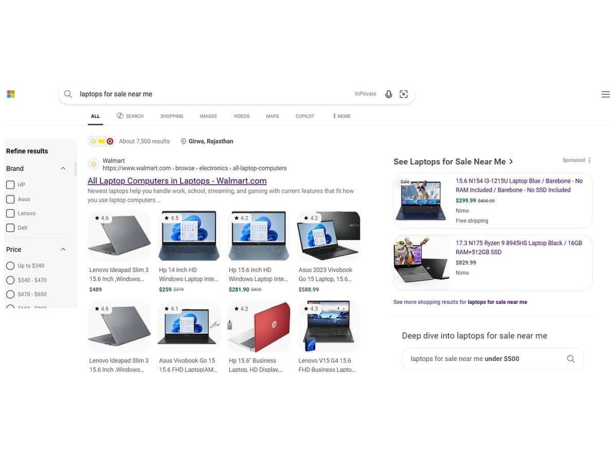 Bing search results with shopping filters in a left sidebar.