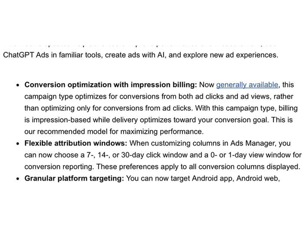 Optimisation and billing are different. Delivery goal: Optimise towards conversions. Billing basis: Pay for impressions. Evaluation: Review cost and conversion quality