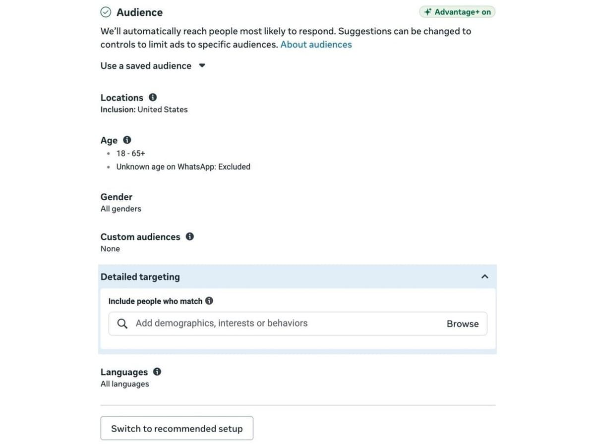 Meta audience setup with Advantage+, location, age and detailed targeting settings.