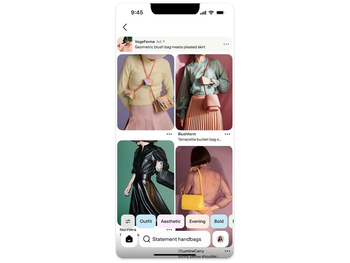 Pinterest visual-search interface showing handbag discovery and product results.