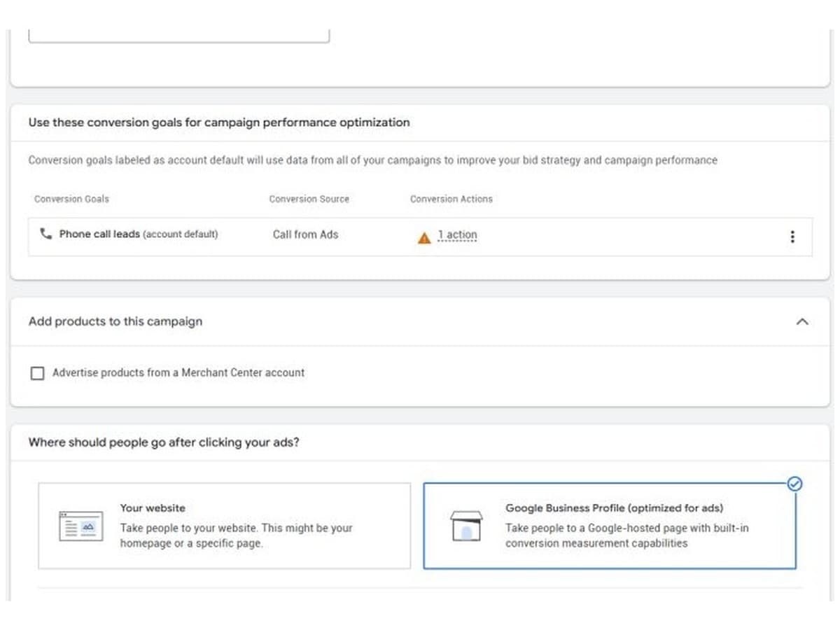 Campaign settings offering a website or Google Business Profile as the destination.