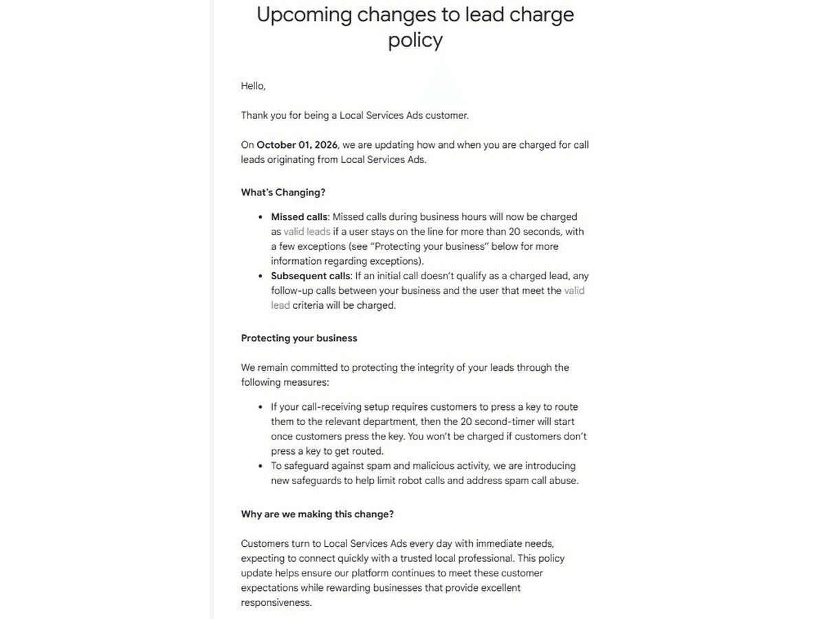 Local Services Ads now charge for some missed and follow-up calls