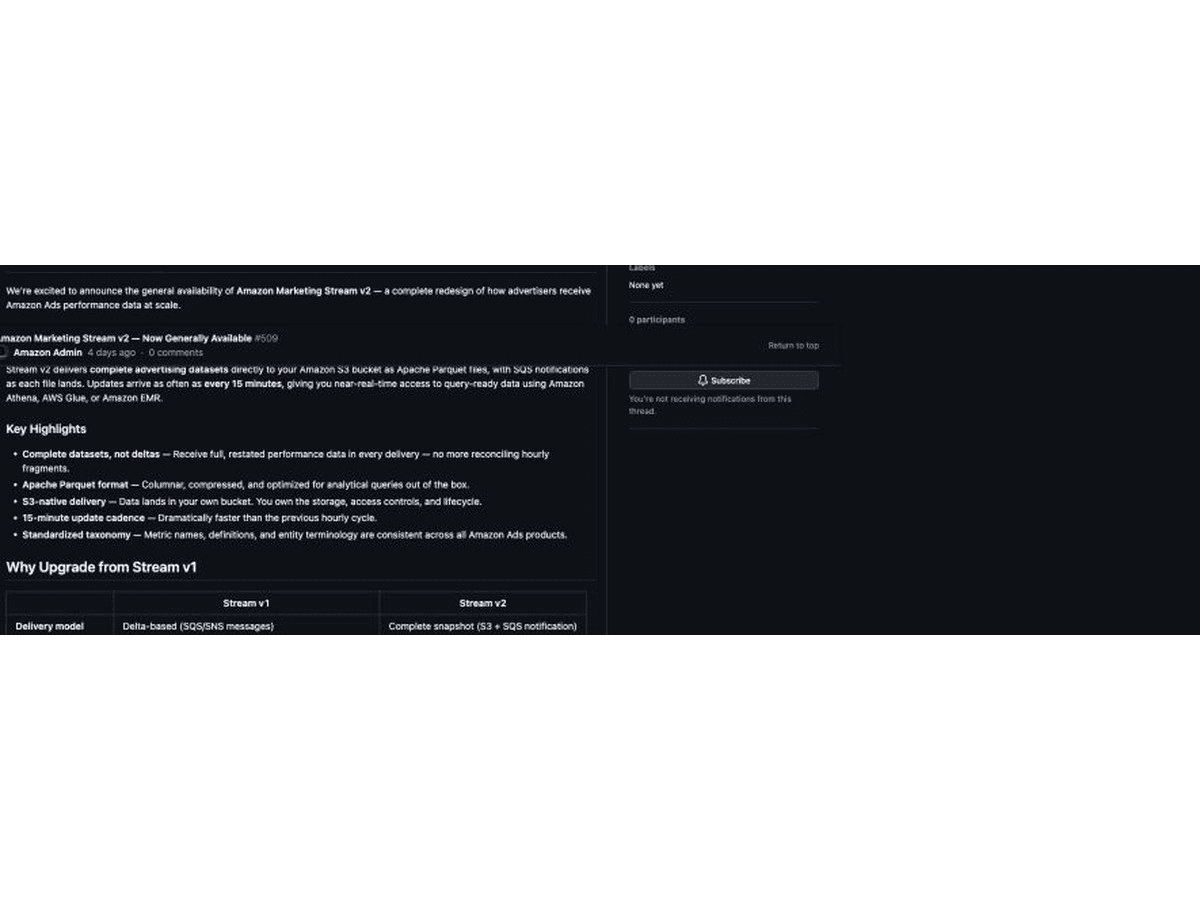 Amazon’s original table comparing Stream v1 and Stream v2 delivery, format and update frequency
