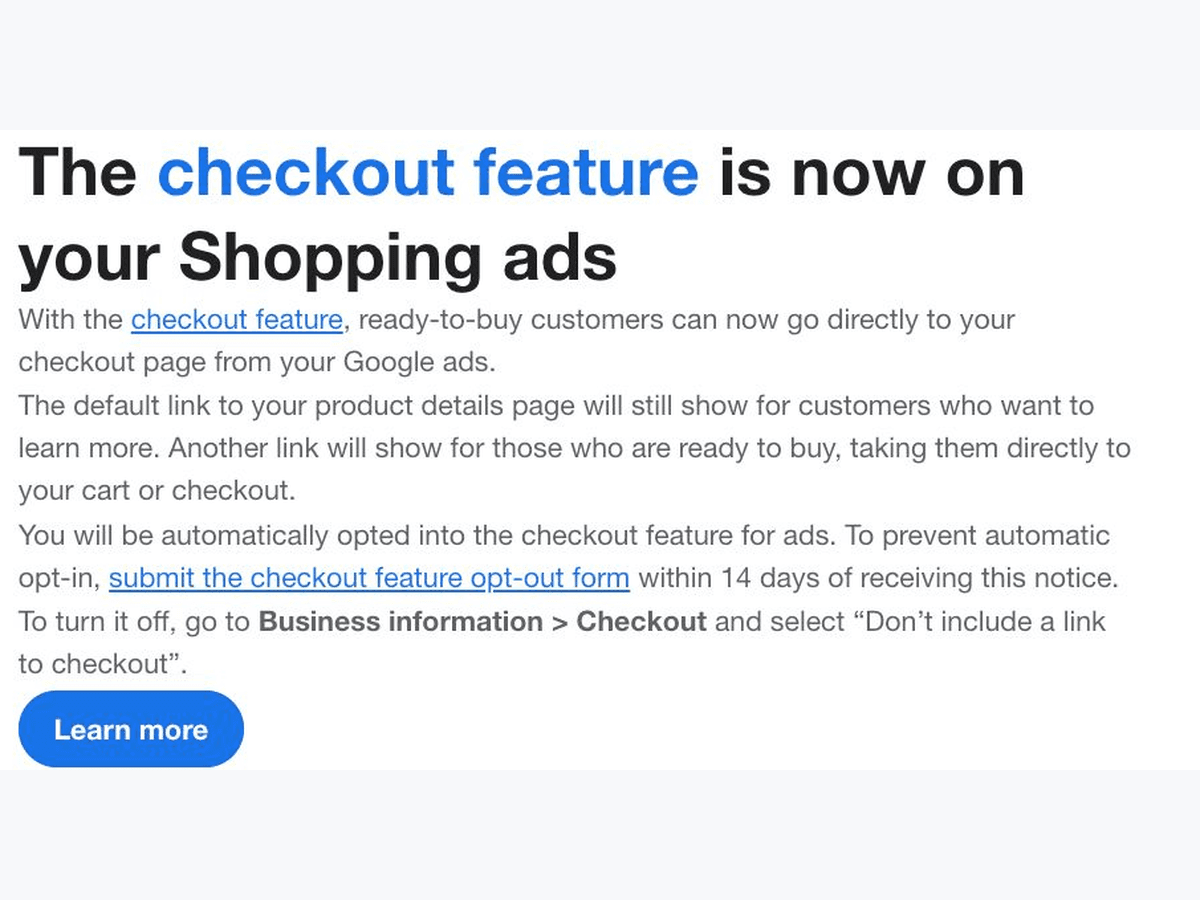 Merchant Center checkout-link email showing automatic opt-in and the 14-day opt-out period