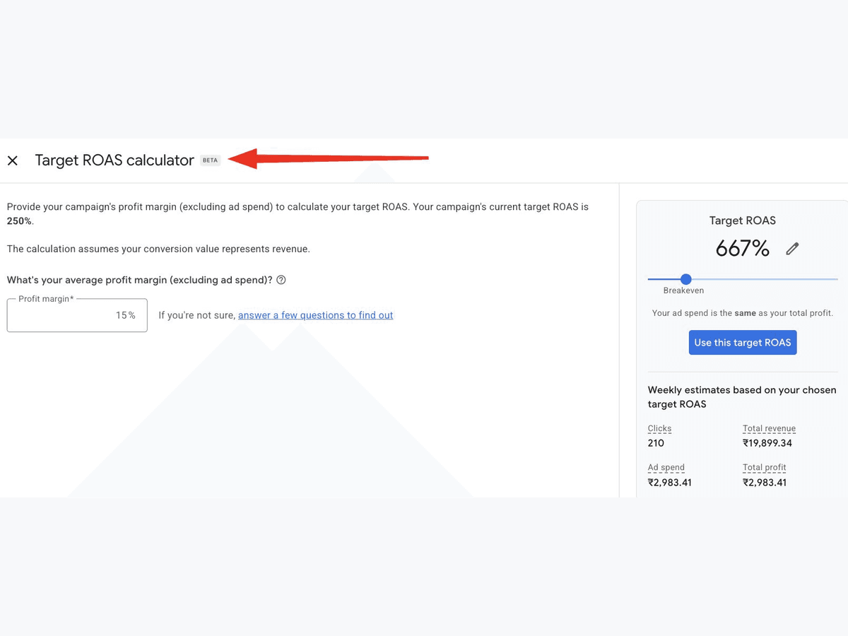 Google Ads beta calculator converts a profit margin into a target ROAS