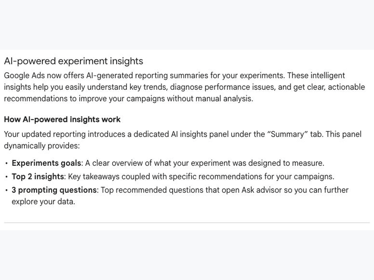 Google documentation explaining the AI experiment insights panel.