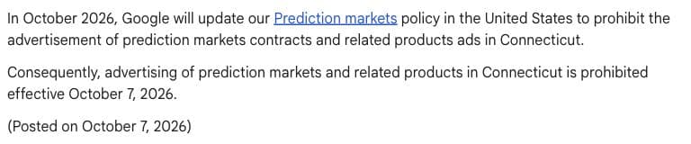 Google’s dated Connecticut prediction-market policy notice.