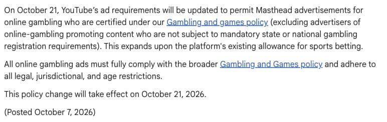 Google’s dated YouTube Masthead policy notice, effective 21 October.