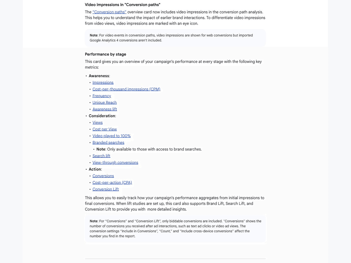 Google’s documentation describing video impressions in conversion paths and performance by stage.