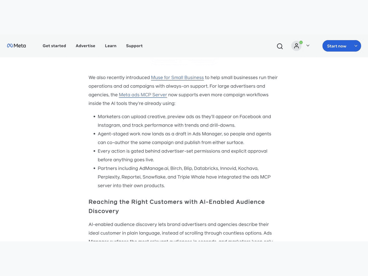 Meta’s original announcement describing draft co-authoring and explicit approval for ads MCP.