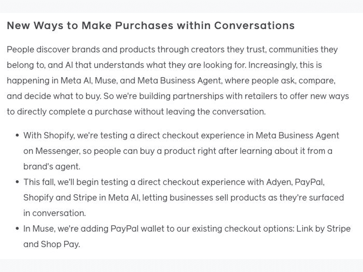 Meta’s original announcement separates the Messenger, Meta AI and Muse checkout developments.