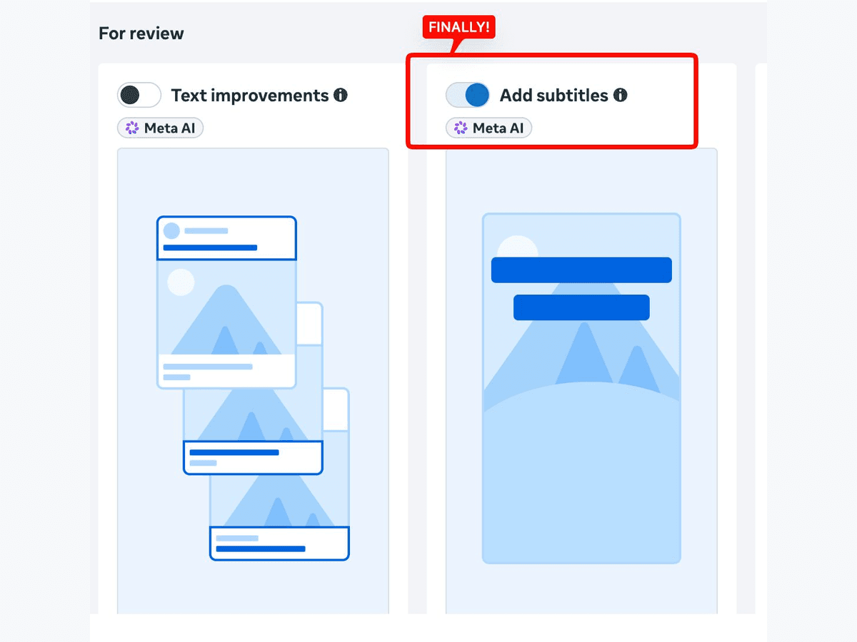 Meta “Add subtitles” enhancement appears in an advertiser account