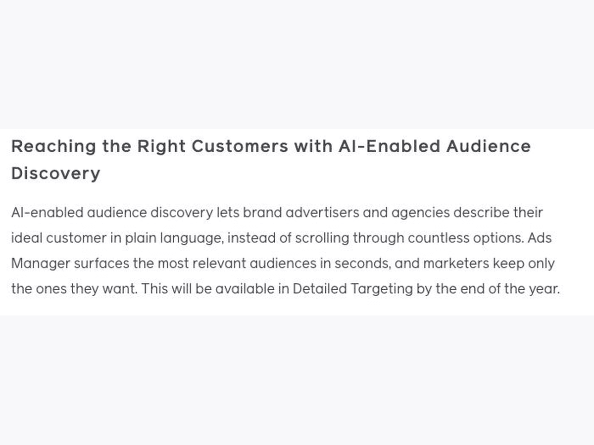 Meta’s announcement of AI-enabled audience discovery planned for year-end.
