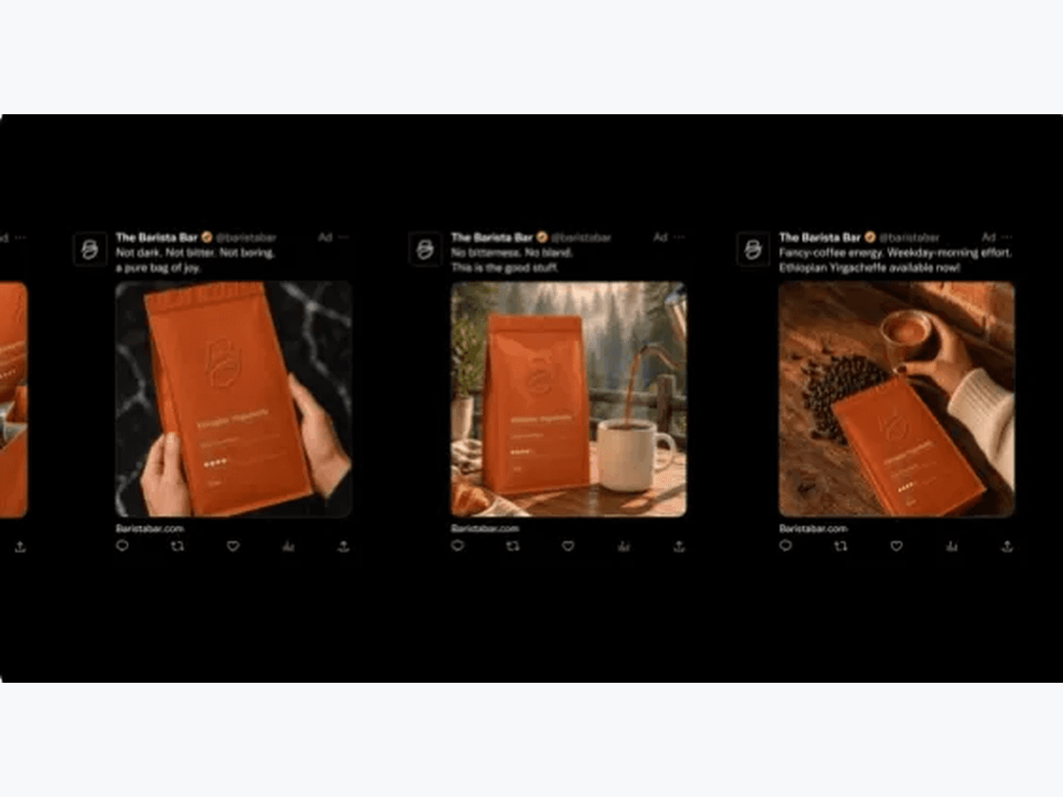 Three coffee-product ad variations shown in the X Lift promotional demonstration.