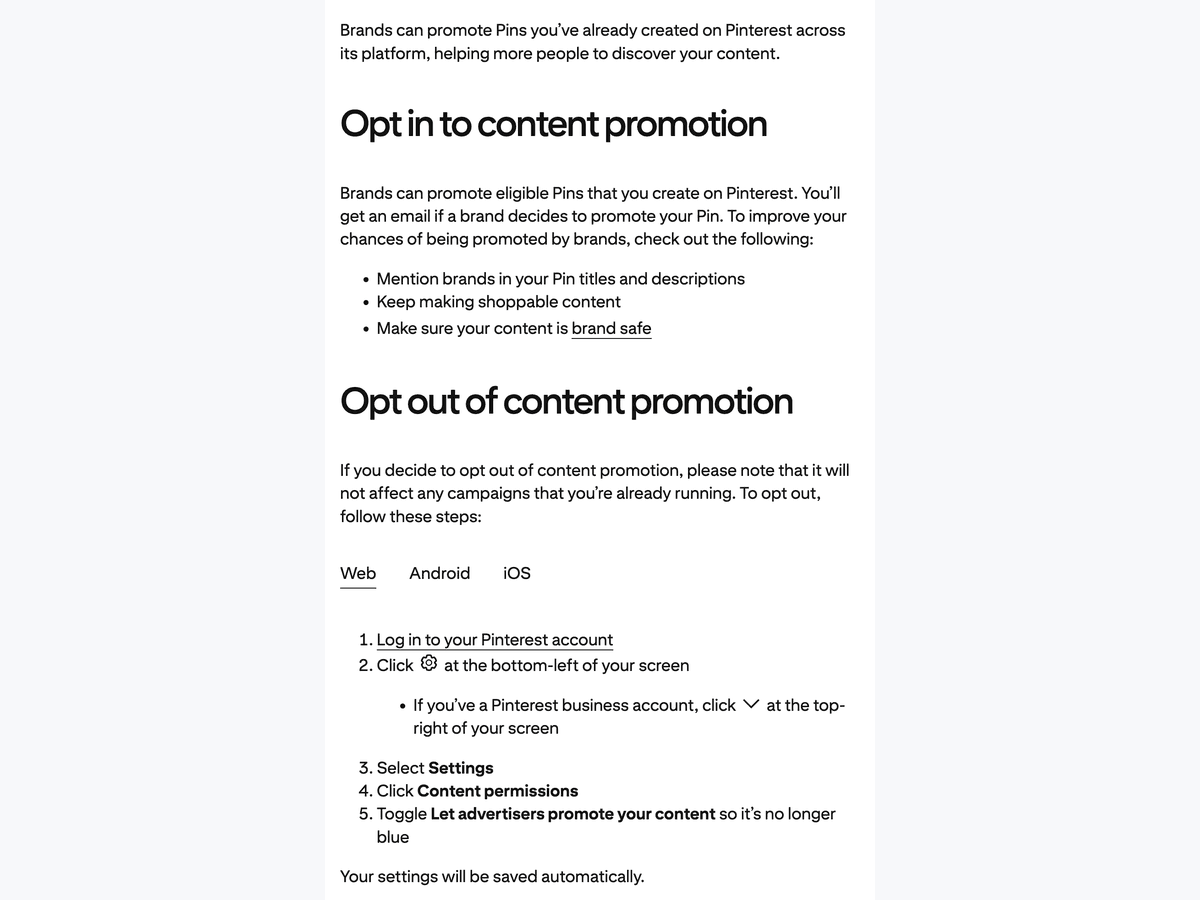Pinterest Creator Commerce Hub opt-in and opt-out guidance and content-permission setting