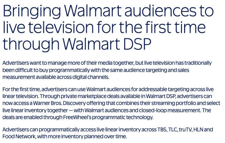 Walmart Connect’s source section describing Warner Bros. Discovery live television inventory.