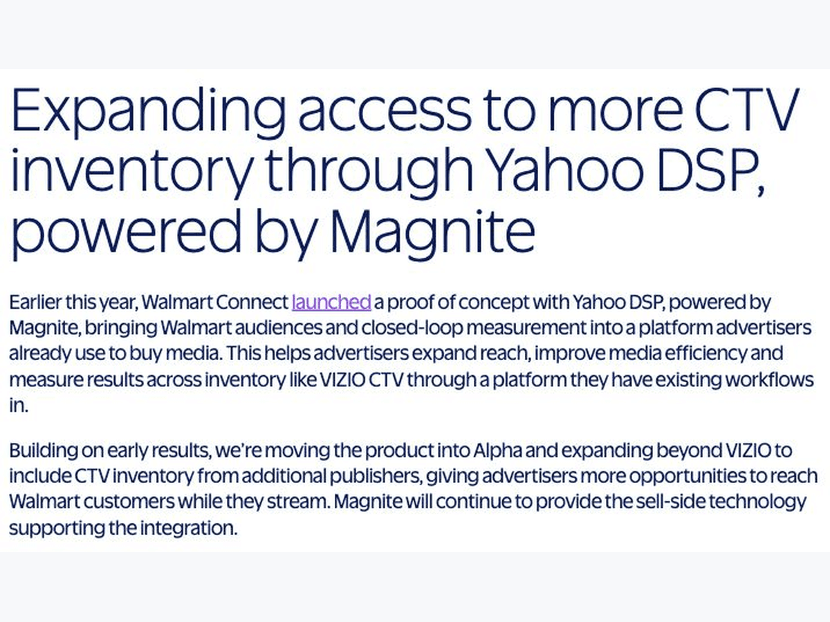 Walmart Connect’s source section describing the Yahoo DSP and Magnite Alpha.