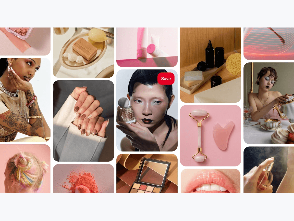 A Pinterest-inspired grid collage featuring makeup, nails, skincare tools, perfume, hair color, bath products, and beauty portraits. A central Pin shows a model holding a perfume bottle.
