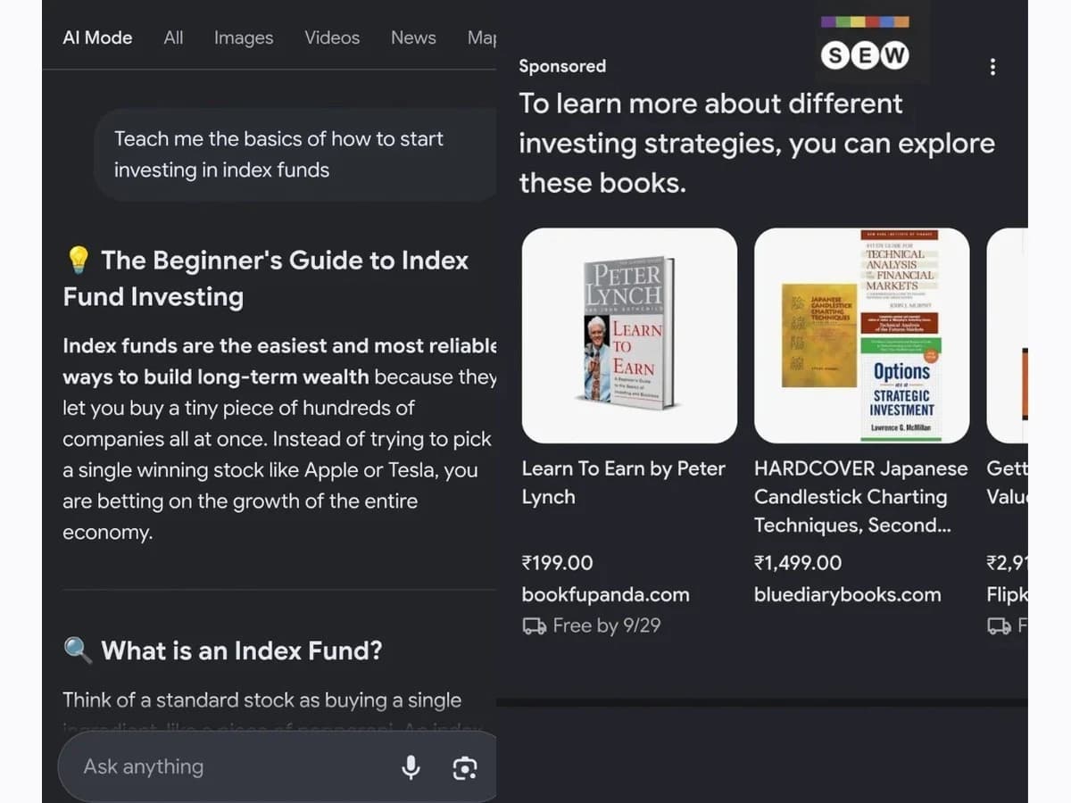 AI Mode investment conversation with a sponsored next-step recommendation