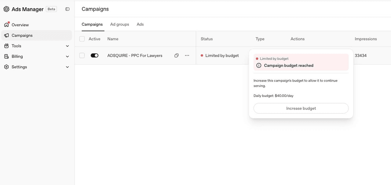 ChatGPT Ads campaign status displaying Limited by budget