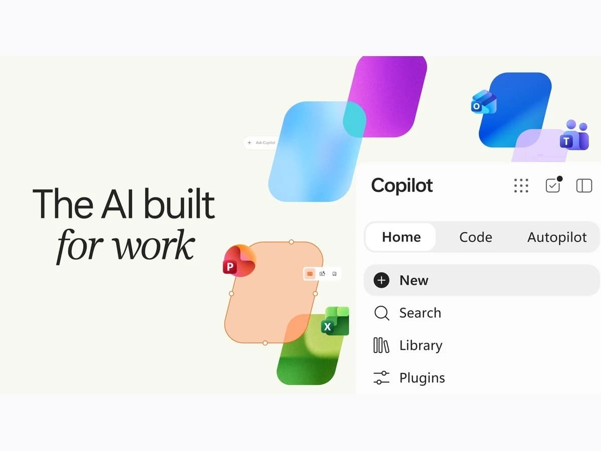 Microsoft Copilot product graphic showing Home, Code and Autopilot