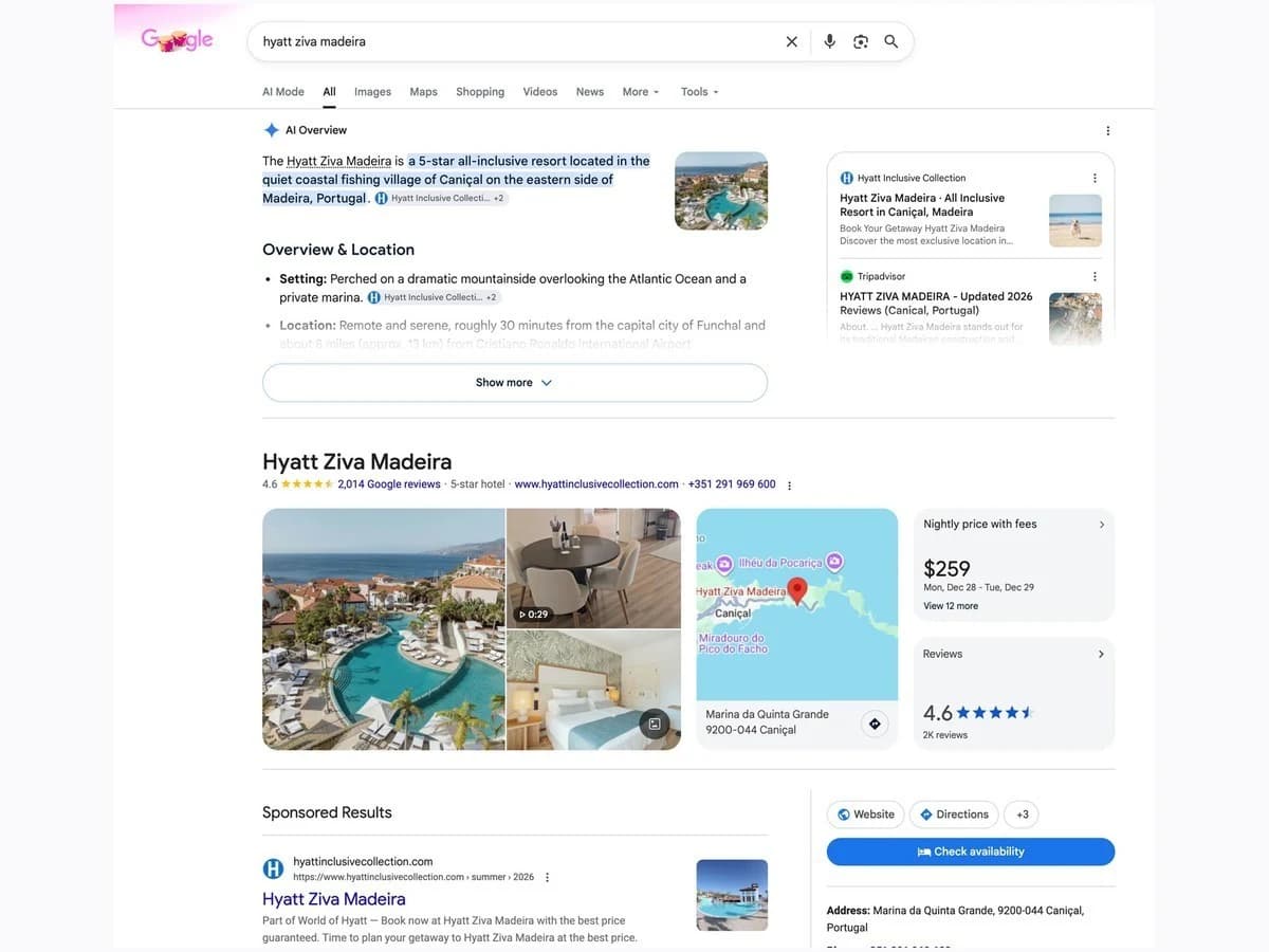 Reported Google hotel AI Overview side-panel layout with hotel listings