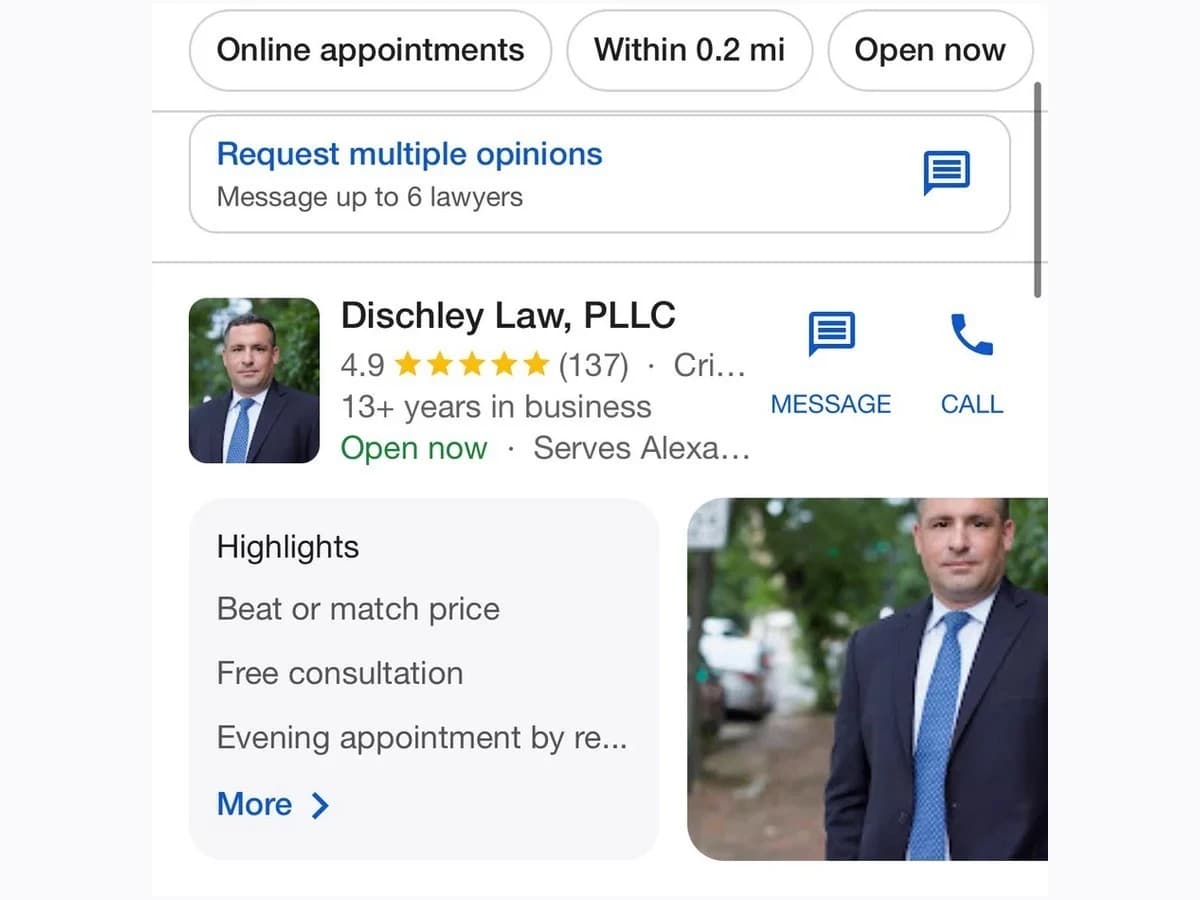 Local Services Ads result with review ratings, message and call actions