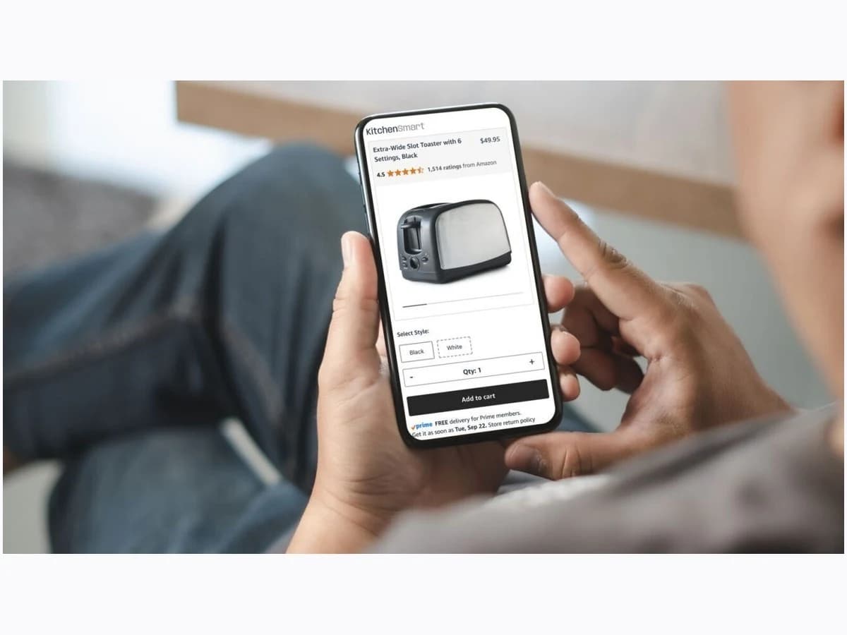 Phone displaying a merchant product page with Amazon delivery options
