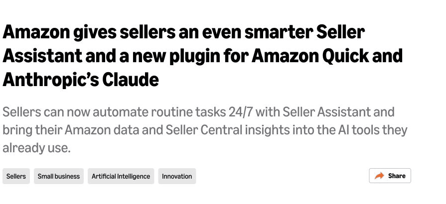 Seller Assistant’s plugin connects Amazon selling work with Quick and Claude. Source visual selected in Paid Media News Week 43.