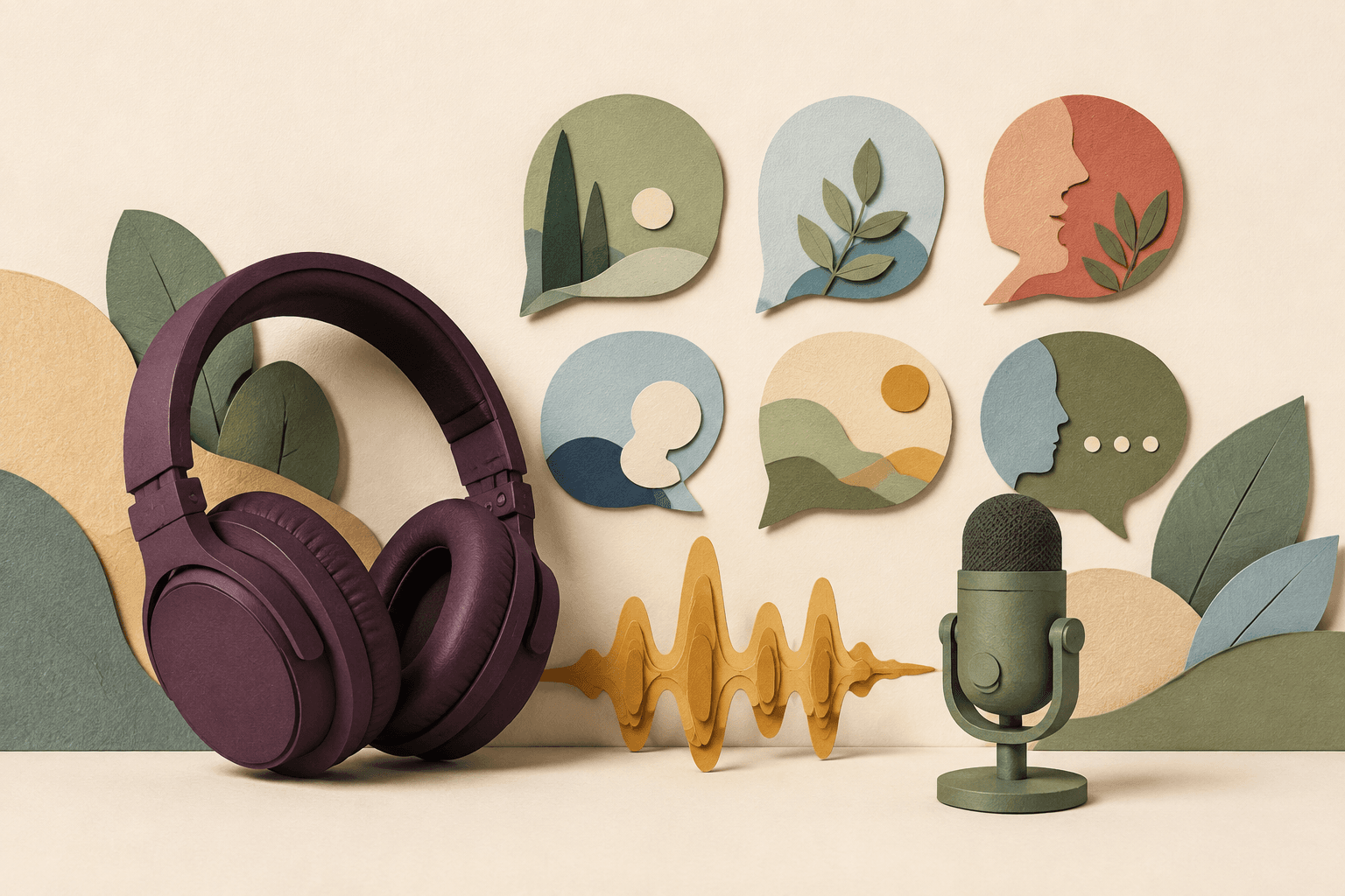 Paper sculpture of headphones, a microphone and colourful conversation shapes.