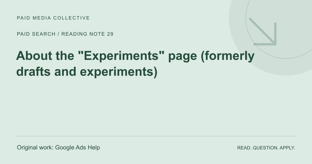 Paid Media Collective reference artwork: About the "Experiments" page (formerly drafts and experiments). Original source: Google Ads Help.