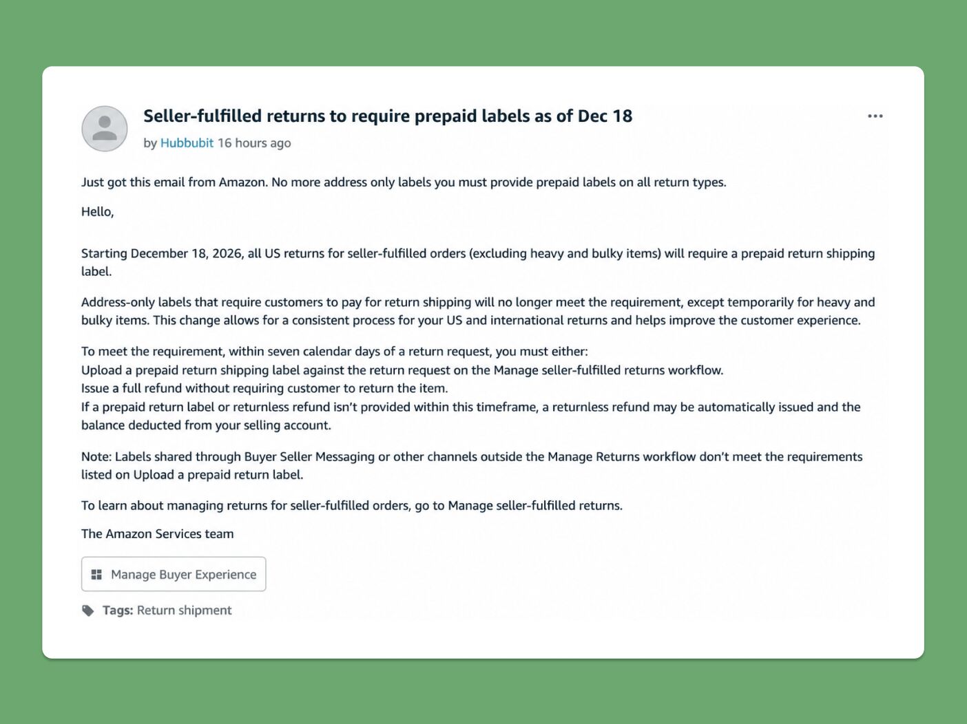 Seller-shared Amazon prepaid-return-label email reproduced in a forum screenshot