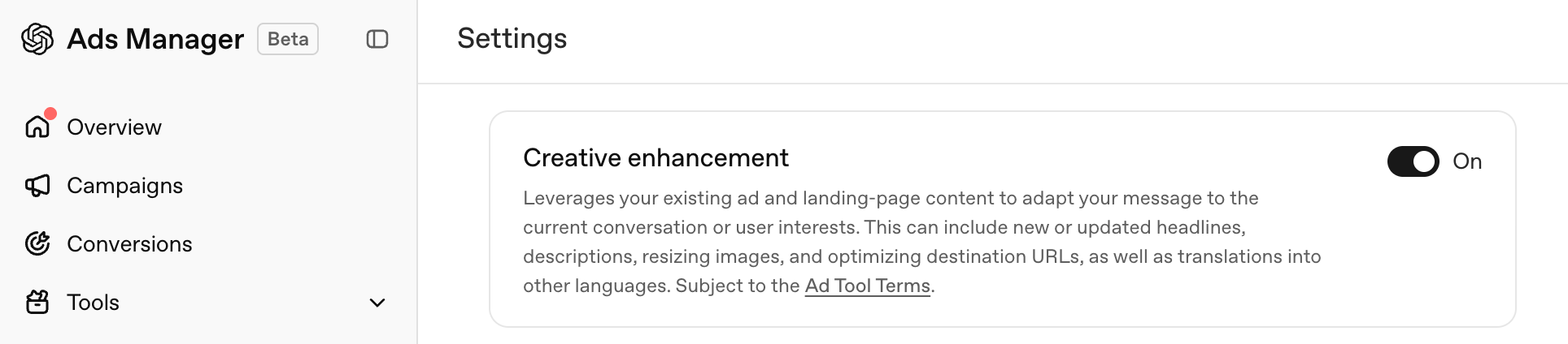 ChatGPT Ads Manager creative enhancement setting shown enabled
