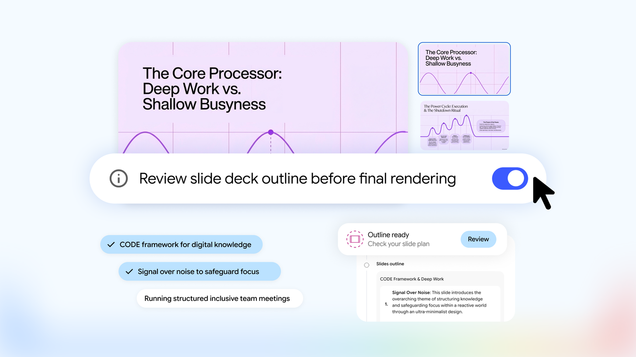 Gemini Notebook review controls for slide outlines
