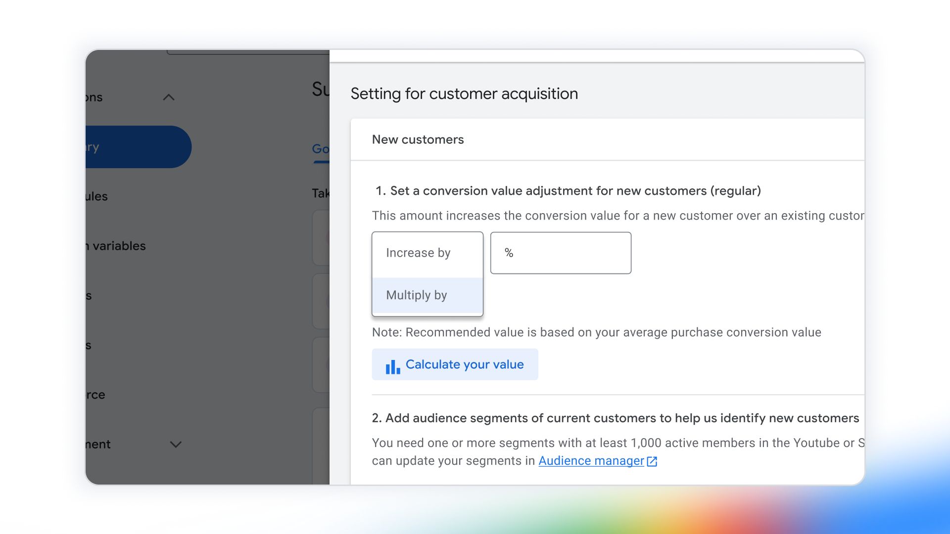 Google Ads customer-acquisition setting with a Multiply by value option