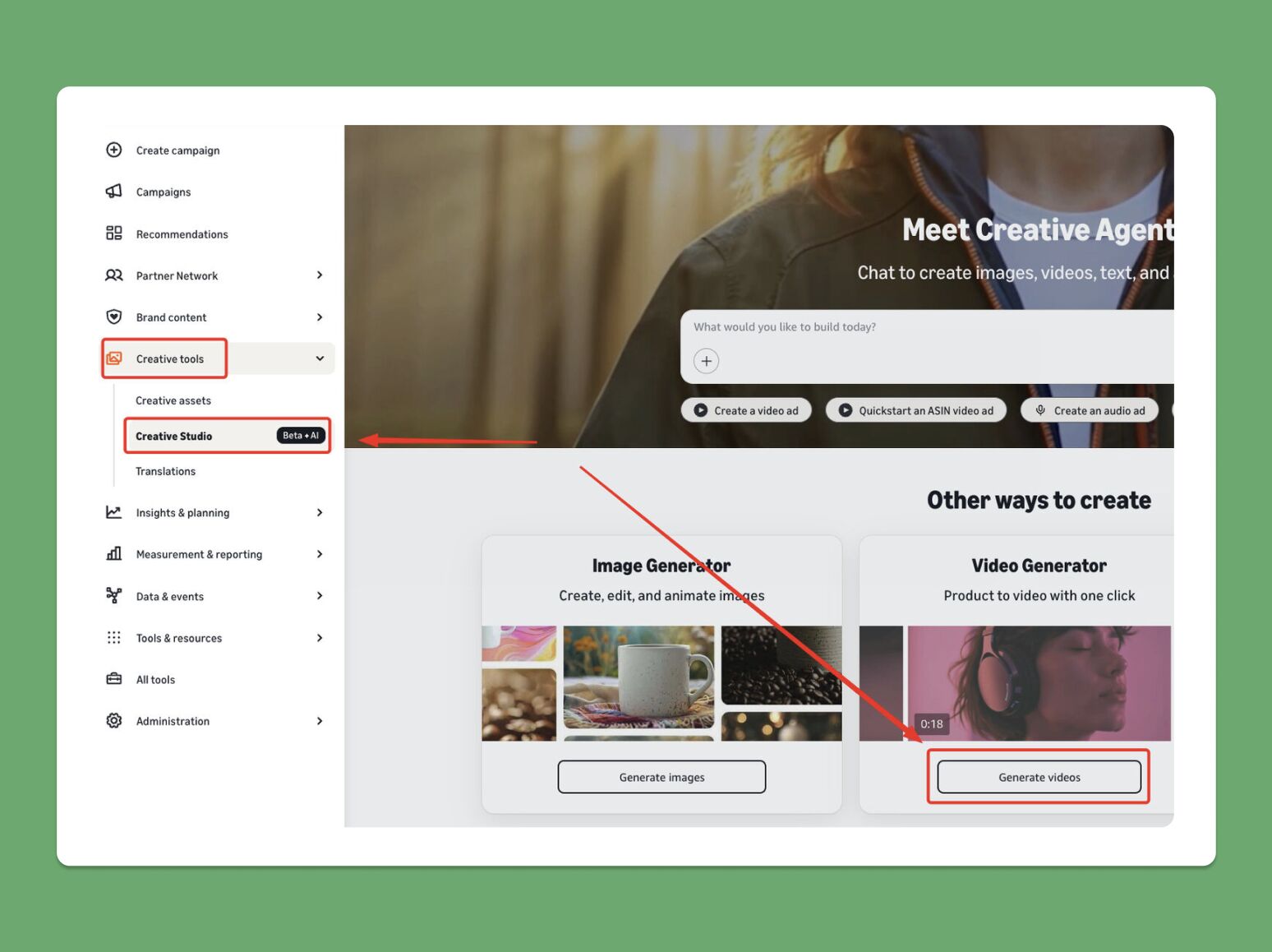 Amazon Creative Tools menu highlighting Creative Studio and Video Generator