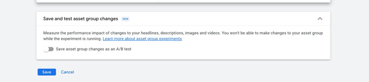 Joey Bidner’s original screenshot of Save and test asset group changes, including the editing restriction