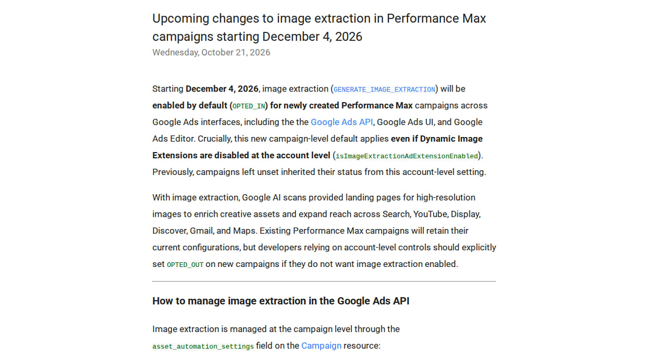Google announcement describing the upcoming PMax image-extraction default
