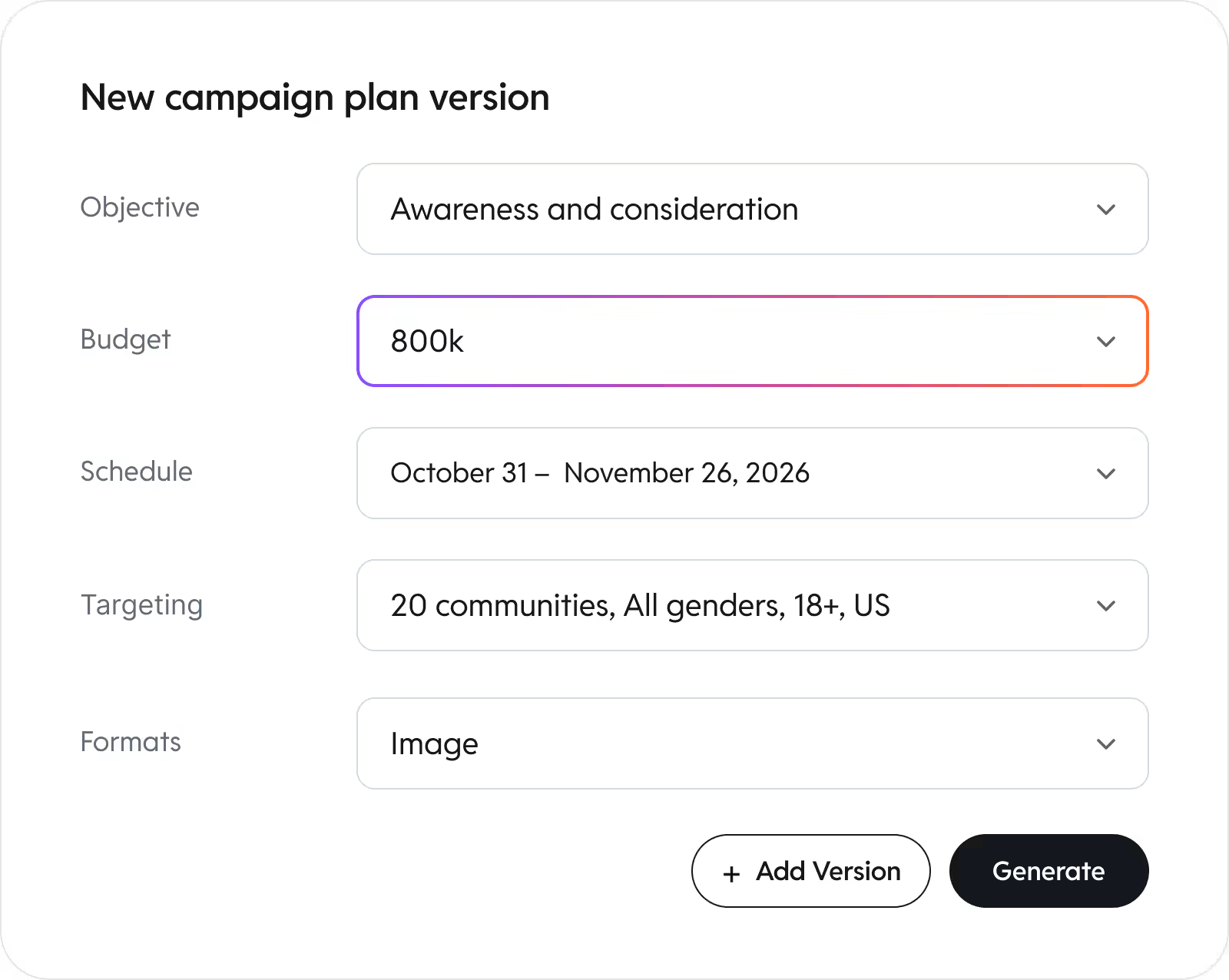 Reddit campaign planner showing objective, budget, schedule, targeting and format controls