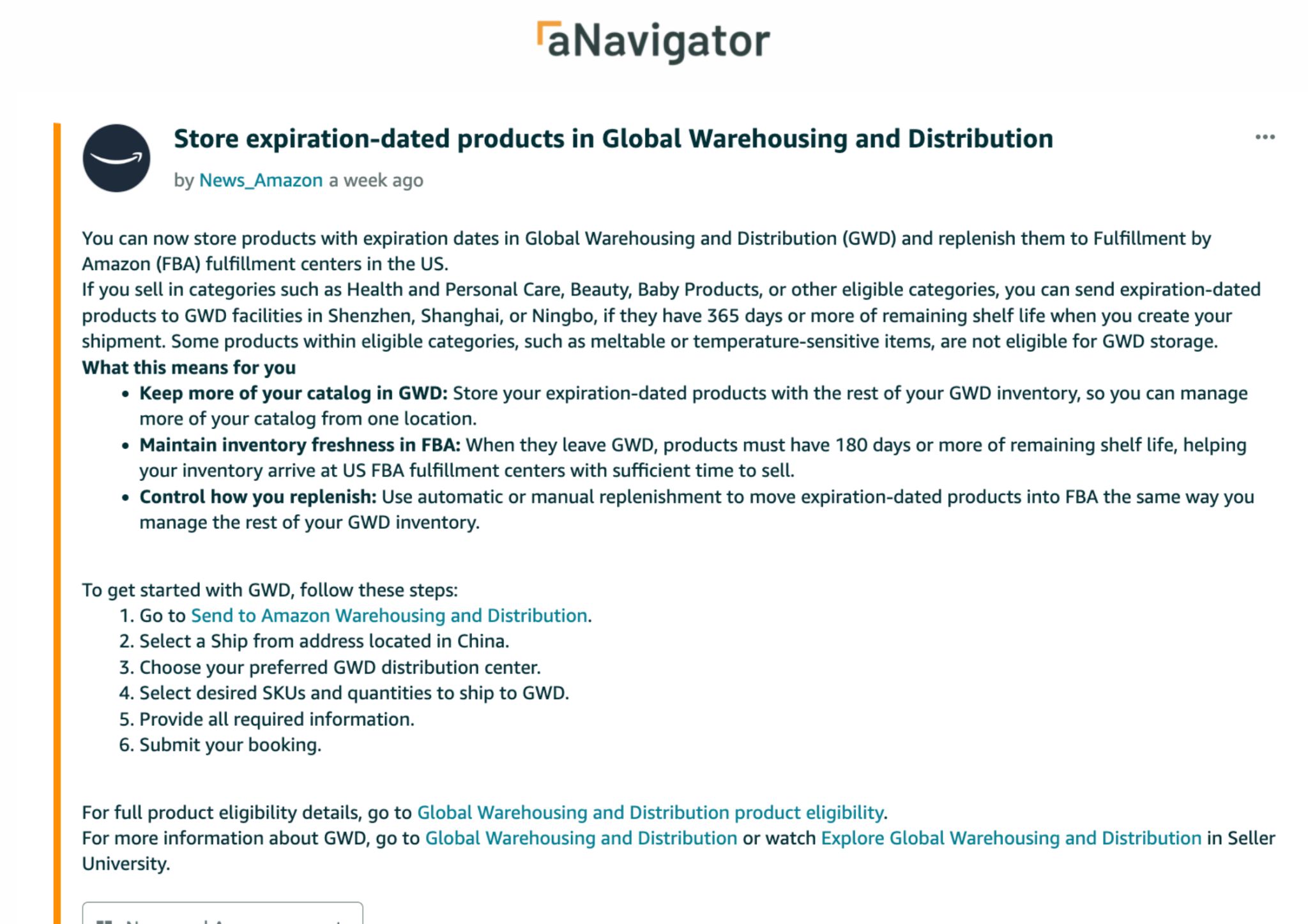 Amazon GWD notice listing shelf-life requirements and supported China facilities